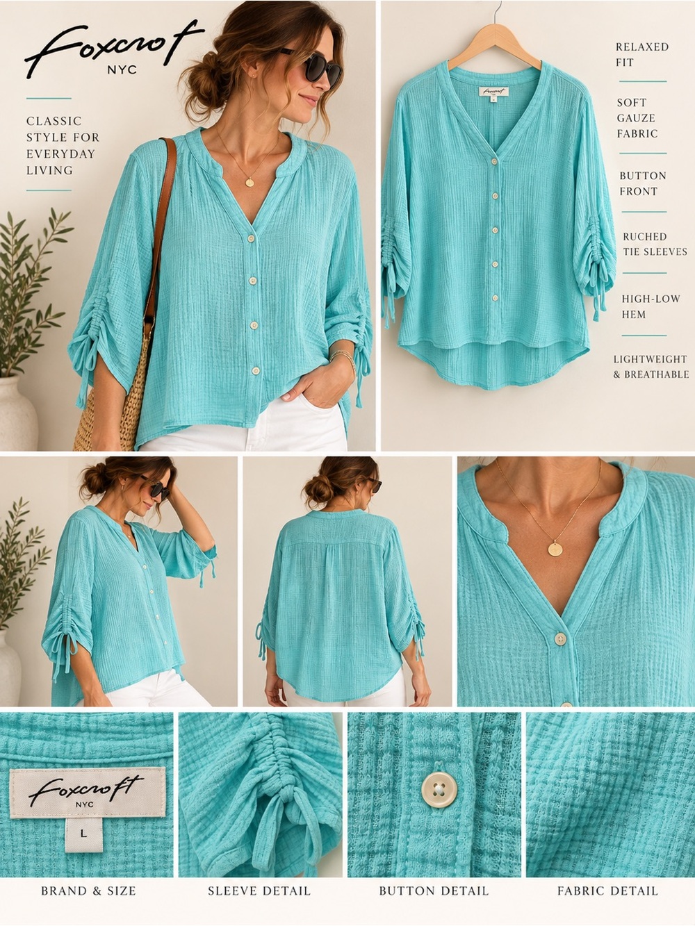 Foxcroft NYC Turquoise Gauze Ruched Sleeve Button Blouse L